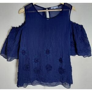 TEMPO PARIS Blue Cold Shoulder Top Floral Chiffon Short Sleeve Women Size S